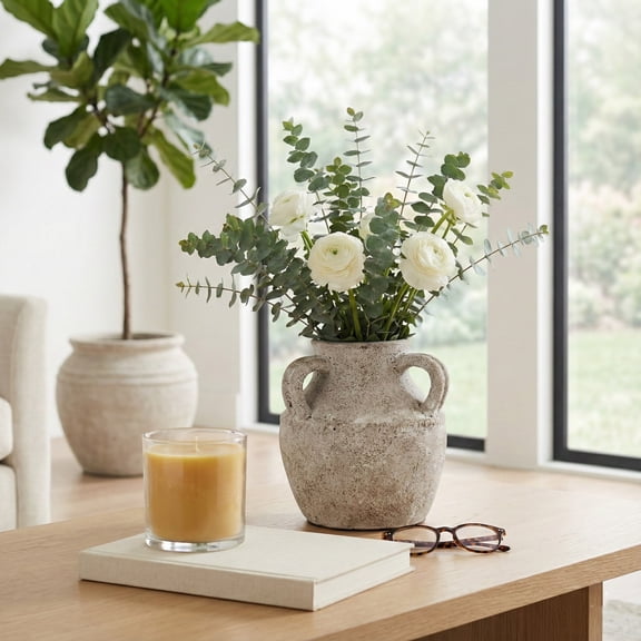 Terracotta Triple Handle Vase for Living Room Decor - Casual Home Decor Accent for Entryway, Bedroom, and Office Shelf - Decorative Flower Vase for House and Dining Room Table - 10", Ivory & Tan