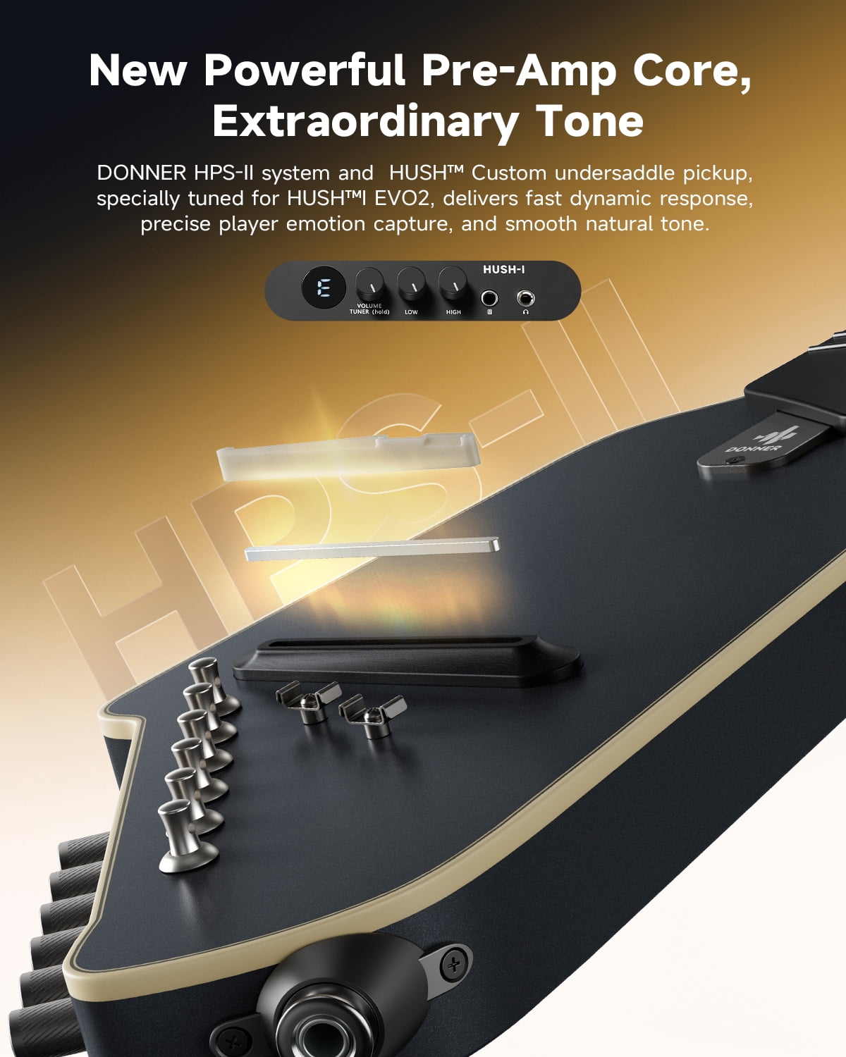 Donner HUSH-I EVO2 Acoustic Electric Travel Guitar – Portable Headless Quiet Practice Guitar, Ultra-Light, Mahogany Body with Built-in Tuner, Detachable Stands & Headphone Jack - Black