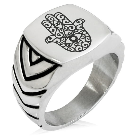 Stainless Steel Filigree Hamsa Hand of Fatima Chevron Pattern Biker Style Polished Ring