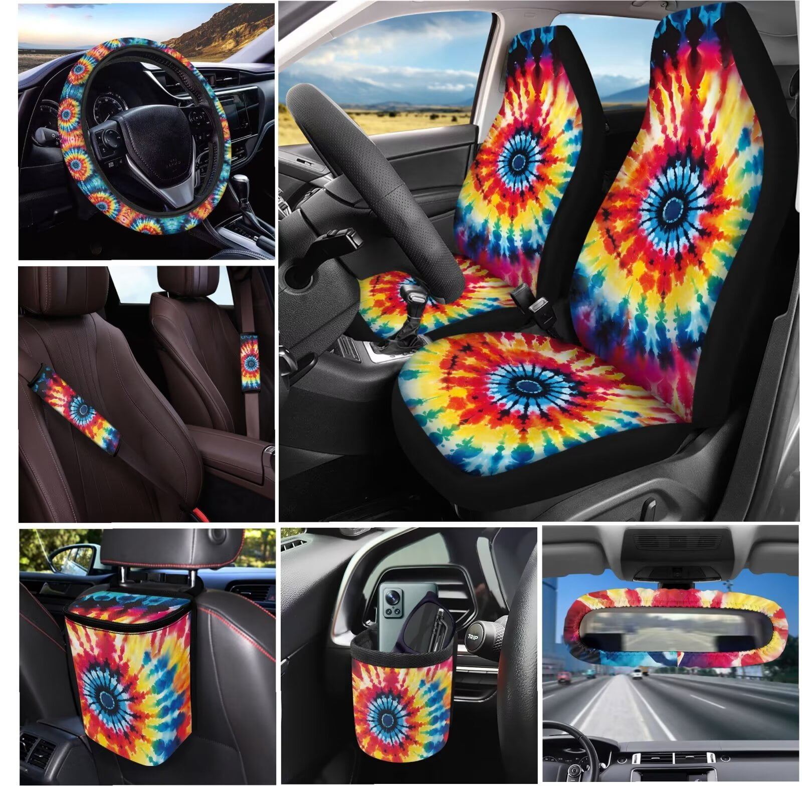 Garronmavis Aesthetic Tie-Dye 15 PCS Car Seat Cover Full Set 4 Pcs Car Seat Covers Steering Wheel Cover Keychain Car Trash Bag Car Pouch Organizer Auto Rear View Mirror Covers Car Coasters