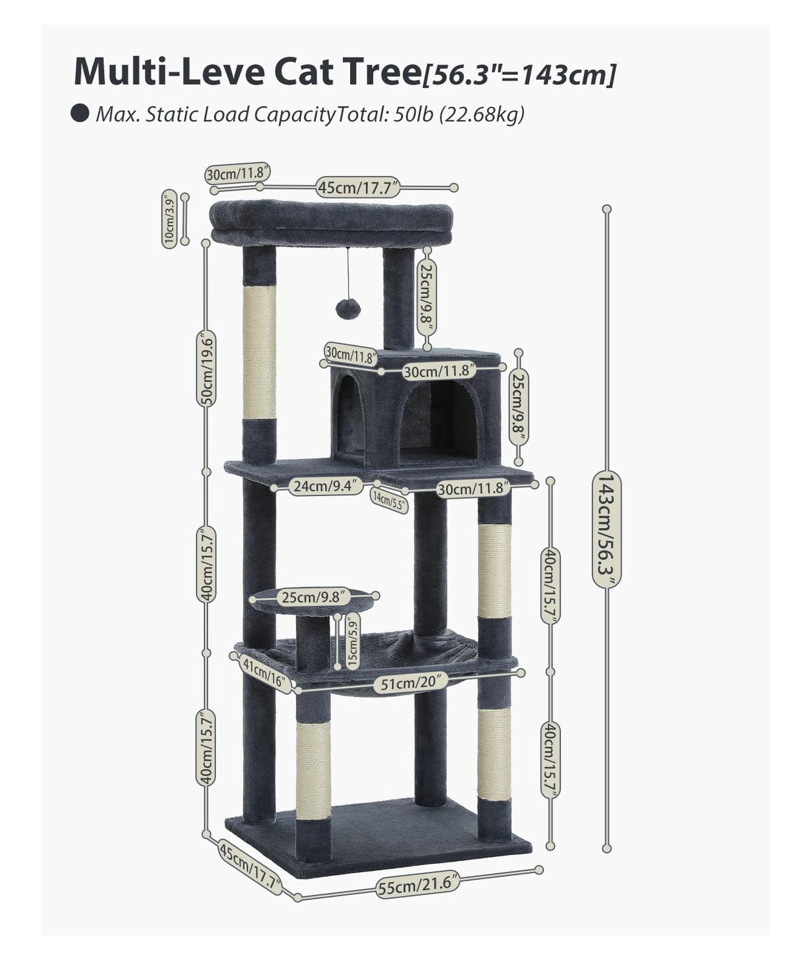 Cat Tree for Large Cats, 56.3" Tall Cat Tower with Hammock