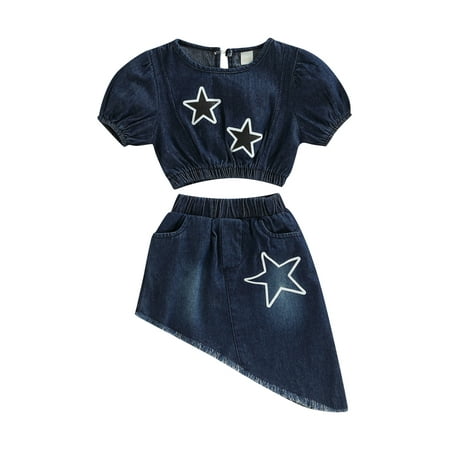 

TheFound Newborn Baby Girl Clothes Star Print Short SleeveT-Shirt Crop Tops Irregular Hem A-Line Skirt Denim Two Piece Set
