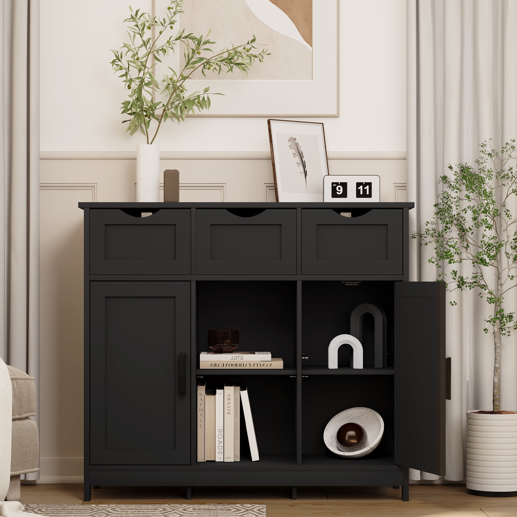Leumius Storage Cabinets,Wooden Floor Cabinet with Drawers & Shelves, Accent Cabinet for Living Room, Bedroom, Bathroom Home Decor, Black