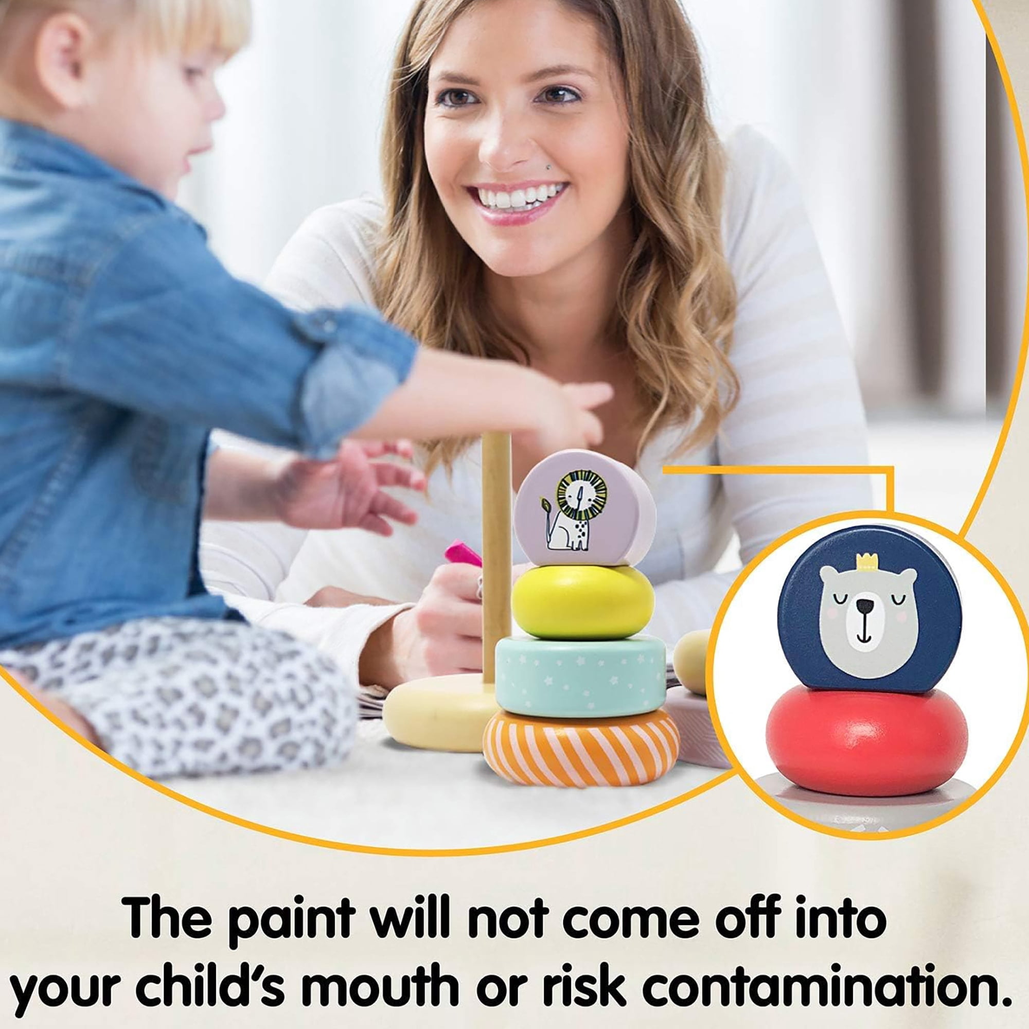 LEO & FRIENDS: Wooden Stacking Ring Toy - Coloful Tower, Benny The Bear Animal Topper, Sorting, Montessor, Early Development, Baby-Toddler-Kids 12mo+