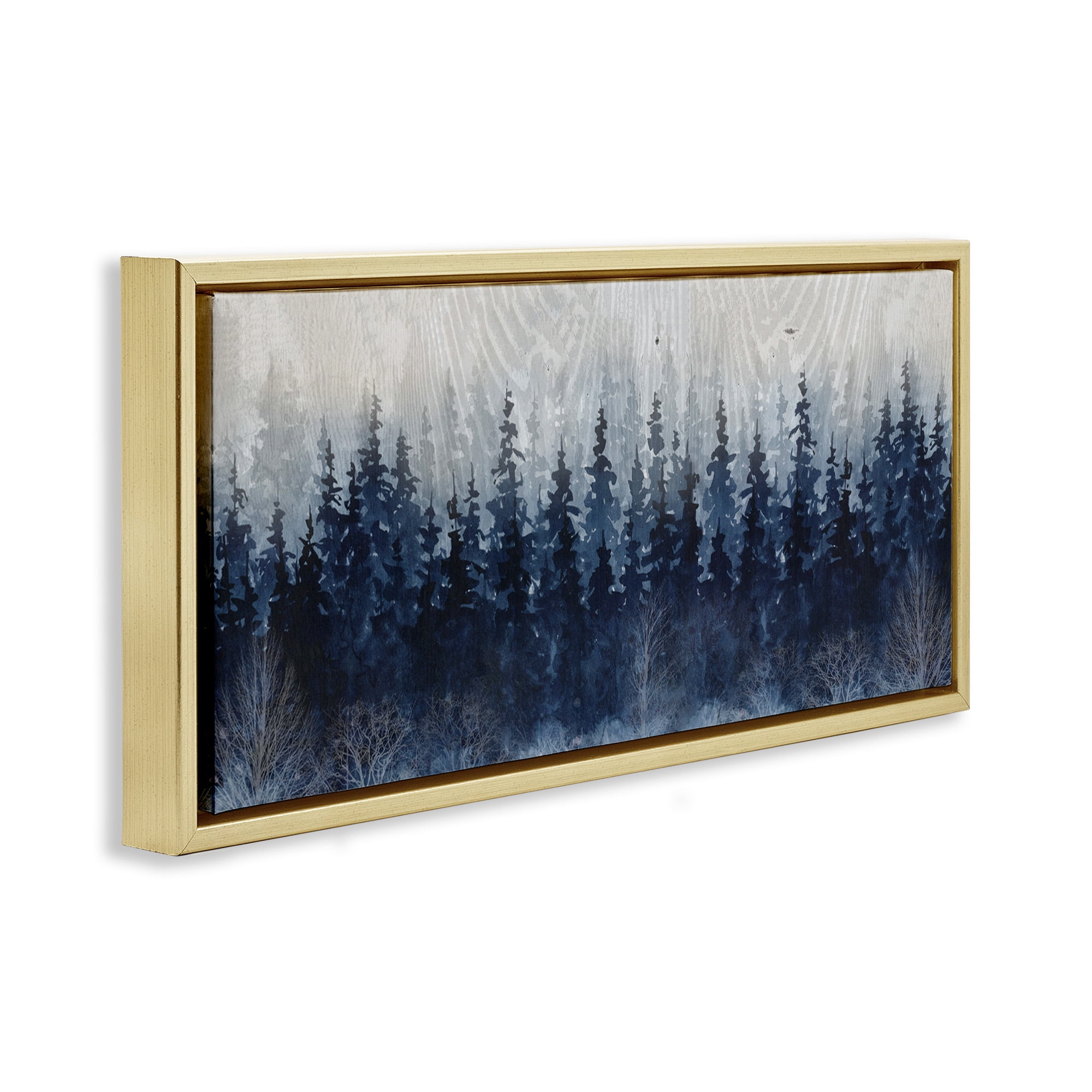 Stupell Industries Rustic Blue Forest Tree Line Landscape Painting Gold Floater Framed Canvas Art Print Wall Art, 31 x 14