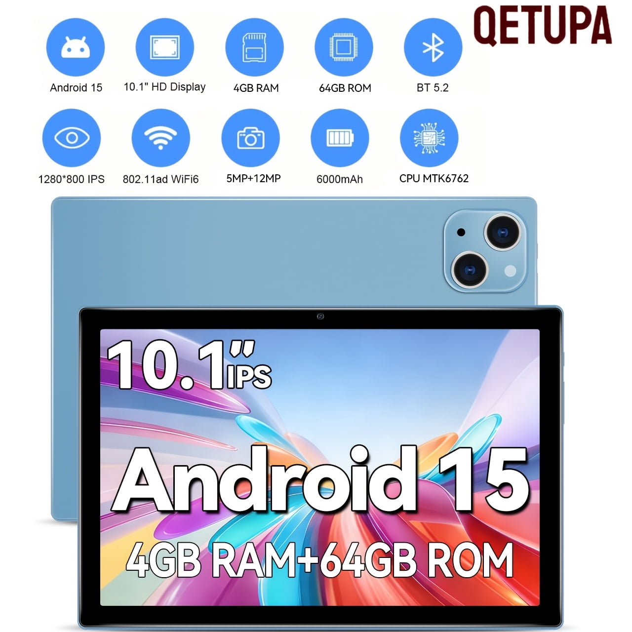 10.1-inch Tablet, Android 15 Operating System; 1280脳800 IPS HD Touchscreen Display, 8-core Processor, 4GB RAM, 64GB ROM, 5MP + 13MP Camera, 6000mAh Battery, Wi-Fi 5, Blue