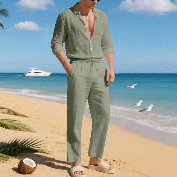 Donemore Men's Solid Color Loose-Fit Minimalist Linen Button-Up Shirt and Pants Set Casual Fashion Outfit