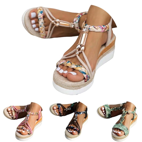 Modisza Boho Wedge Sandals for Women Open Toe Platform Slip on with Beads Elastic Ankle Strap Summer Dressy Beach Walking Shoes Beige 6