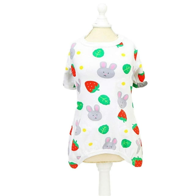 4 Legs Dog Pajamas Lightweight Breathable Strawberry Rabbit Pattern Dog Jumpsuit for Small Dogs Teddy Chihuahua Yorkie White M