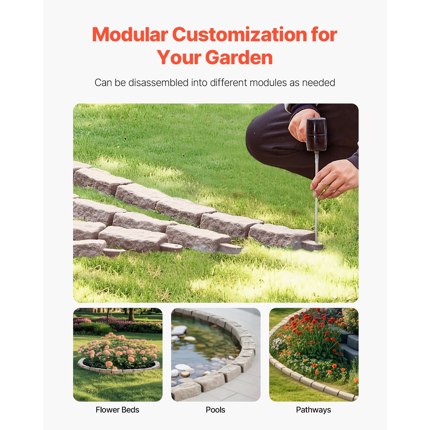 KFFKFF Imitation Stone Landscape Border, 46.4 x 2.2 in Authentic Lawn Border, Adaptable Brick-Like Garden Border with Grounding Pegs, Durable Driveway and Walkway Edging in Beige, Resistant to Fading
