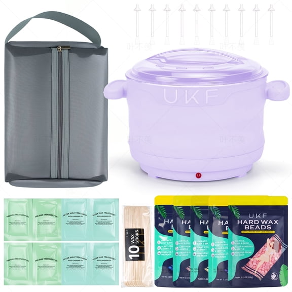 UKF Wax Warmer Kit with Purple Hard Wax Beads, Hair Removal Waxing Kit with 5 Bags Wax Beans, 10 Wax Sticks, Care Oil & Storage Bag, Brazilian Bikini Wax Kit for Face, Body, Legs & Underarms