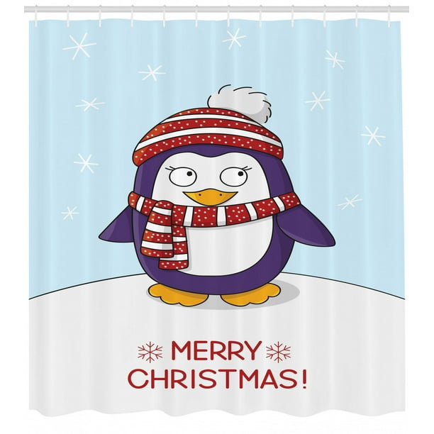 Christmas Shower Curtain, Whimsical Penguin with Warm Toned Scarf on a