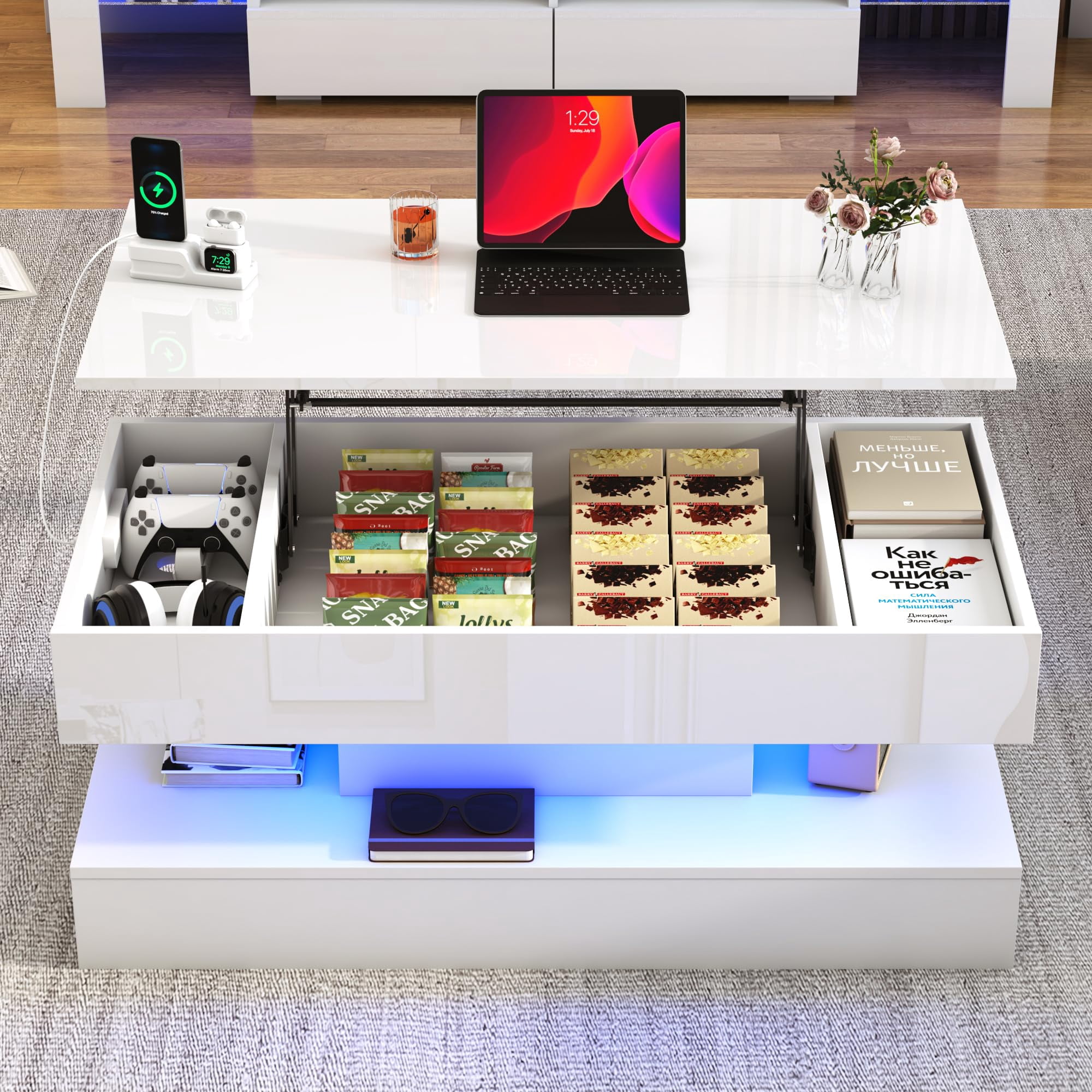 ChVans 39.4" Large Lift Top Coffee Table with Charging Station & LED Lights, Black High Glossy LED Coffee Table with Hidden Compartment Storage, Modern Living Room Tables