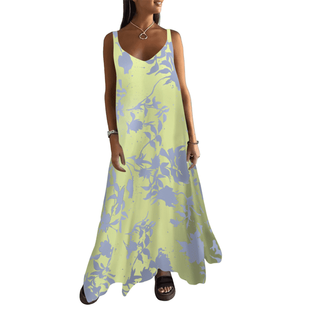 Vestido Bohemio de Verano con Tirantes Finos, Sin Mangas y Cuello en V para Mujer, con Estampado Floral, para Vacaciones, Color Amarillo, Talla S