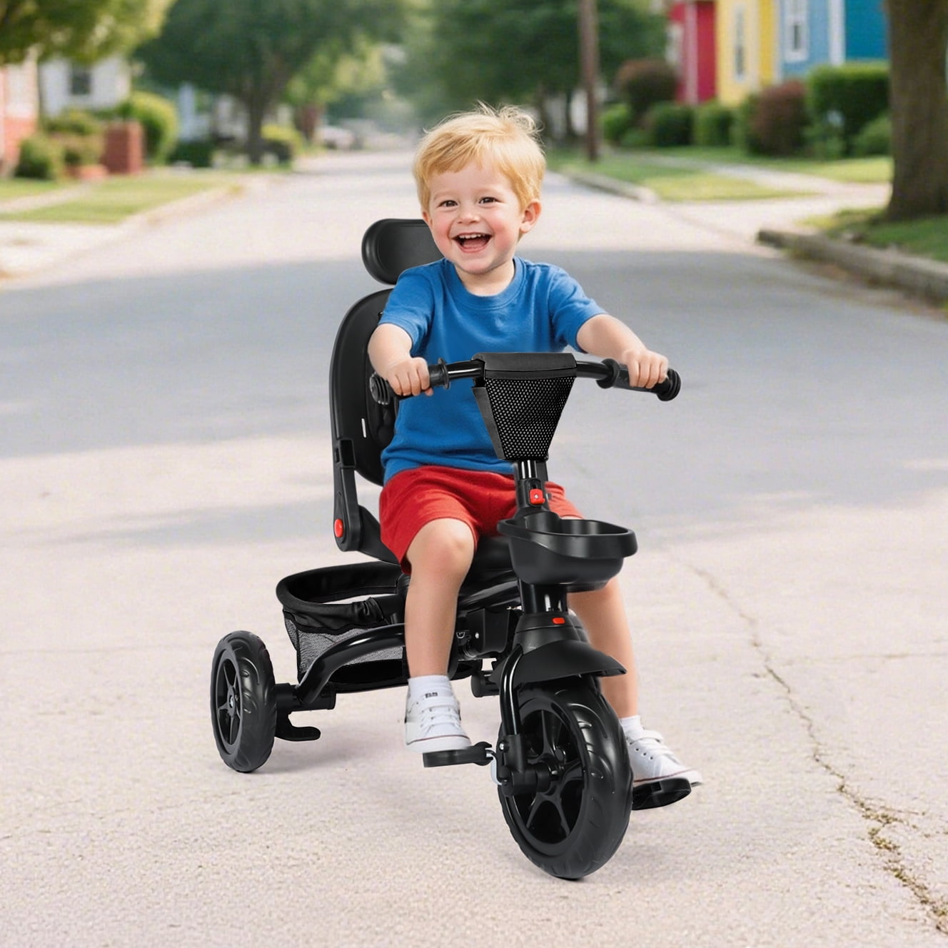 AILEEKISS Foldable Kids Tricycle with Push Handle, 7-in-1 Ride Trike for Infant 1-5 Years, Black