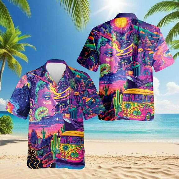 Stay Trippy Hippie Bus Hawaiian Shirt for Men, Button Down Summer Beach Short Sleeve, Tropical Style, S-5XL