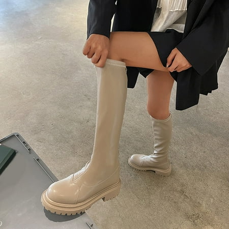 

Christmas Women Mid Calf Boots Autumn And Winter Fashion And Comfortable Plush Solid Color Platform Square Heel Back Zipper