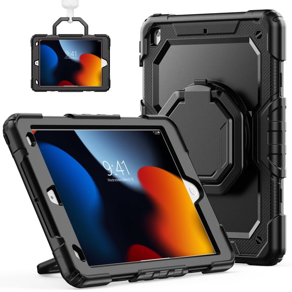 for iPad 9th/8th/7th Generation 10.2 inch Case, 360 Rotating Shockproof Cover with Stand, Handle, Shoulder Strap, Black
