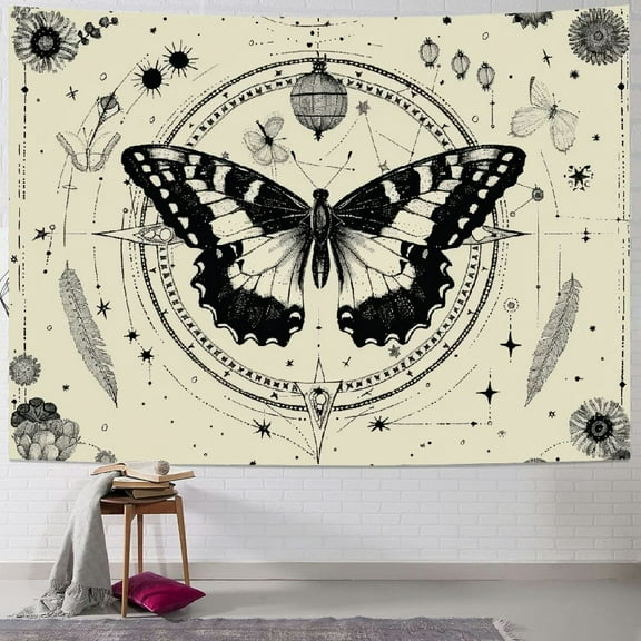 Creowell Butterfly Tapestry Moon Flower Botanical Plant Floral Tapestry Vintage Aesthetic Tapestries Wall Hanging for Bedroom Living Room Dorm Painting