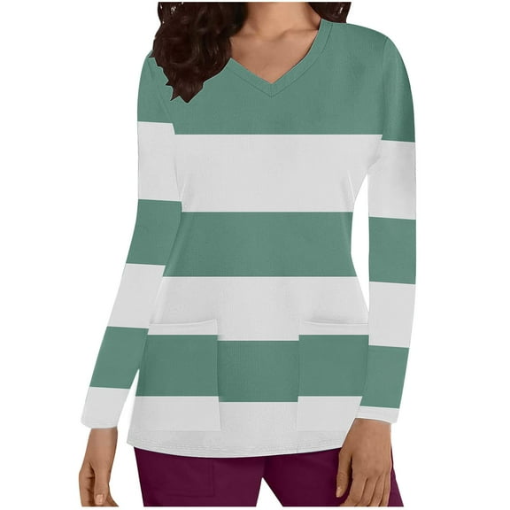 Xfvqtps Scrub Tops for Women Striped Soft V-Neck Long Sleeve Scrubs Comfortable Lightweight Nursing Uniforms Casual Fashion Striped Nursing Top Working Uniforms with Pockets Olive Green