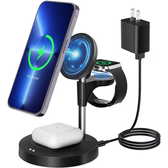 Muzpu 3 in 1 Wireless Charging Station: Fast, Safe, Mag-Adaptive with Universal Charging Dock Suitable for iPhone Pro Max and Android Users in Sleek, Black