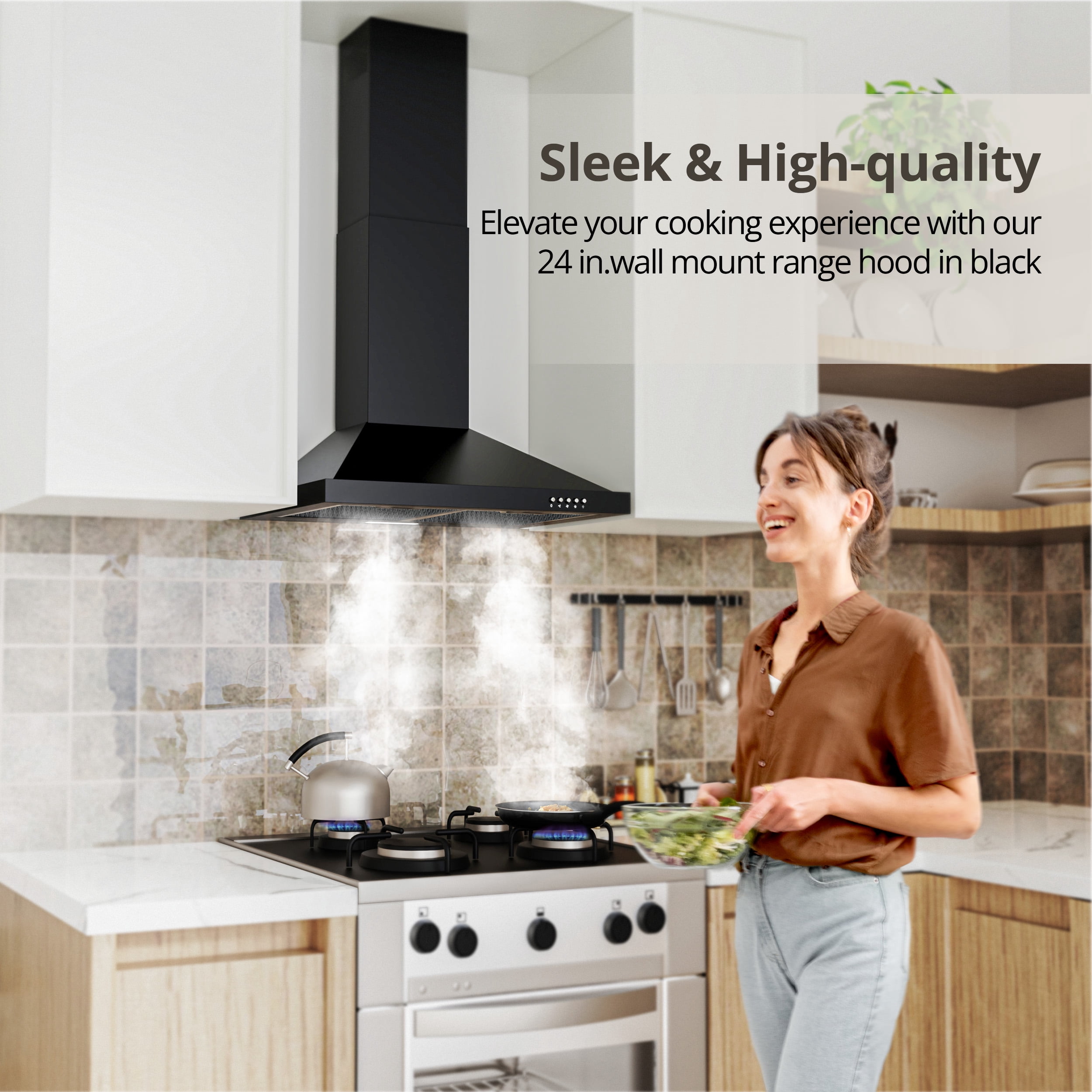 FIREGAS 24-Inch Black Wall Mounted Range Hood, 450m³/h Suction Power, Stylish Design with Two Smoke Evacuation Modes, 3-Speed Push Button Control,Convertible Ducted/Ductless