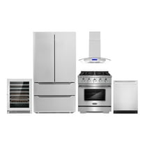 Cosmo 5 Piece Kitchen Appliance Packages with 30" Freestanding Gas Range 30" Island Range Hood 24" Built-in Fully Integrated Dishwasher French Door Refrigerator & 48 Bottle Wine Refrigerator