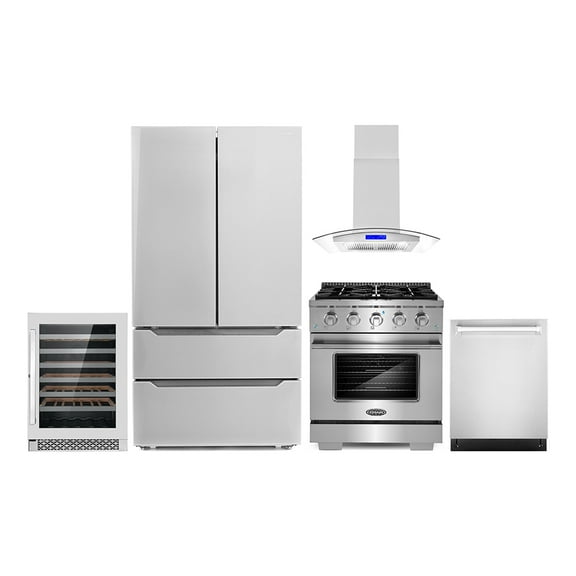 Cosmo 5 Piece Kitchen Appliance Packages with 30" Freestanding Gas Range 30" Island Range Hood 24" Built-in Fully Integrated Dishwasher French Door Refrigerator & 48 Bottle Wine Refrigerator