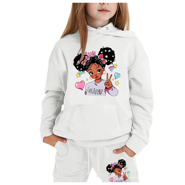 YOUSNH Ensemble Décontracté pour Filles Mode pour Enfants Décontracté Imprimé Haut à Capuche à Manches Longues Chandail à Capuchon Pantalon Ensemble Tenue pour Enfants Blanc 10-11 Ans