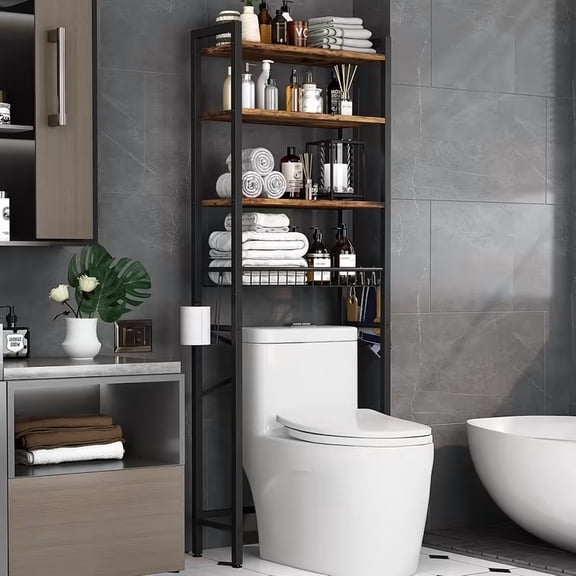 5-Tier Adjustable Over The Toilet Bathroom Organizer Shelf | Brown, Freestanding Iron Shelf with Toilet Paper Holder and 4 Hooks, Spray Paint End
