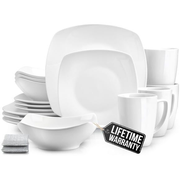 Zulay Kitchen Luna Plates and Bowls Sets, 16 Piece Modern Porcelain Dish Set for 4, Chip and Scratch Resistant Square Dinnerware Set, Microwave and Dishwasher Safe, Pearl White