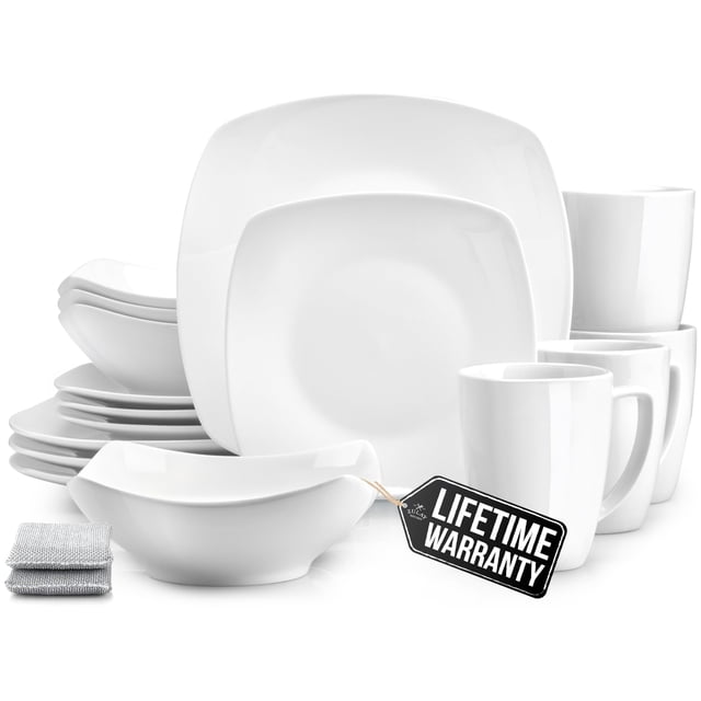 Zulay Kitchen Luna Plates and Bowls Sets, 16 Piece Modern Porcelain Dish Set for 4, Chip and Scratch Resistant Square Dinnerware Set, Microwave and Dishwasher Safe, Pearl White