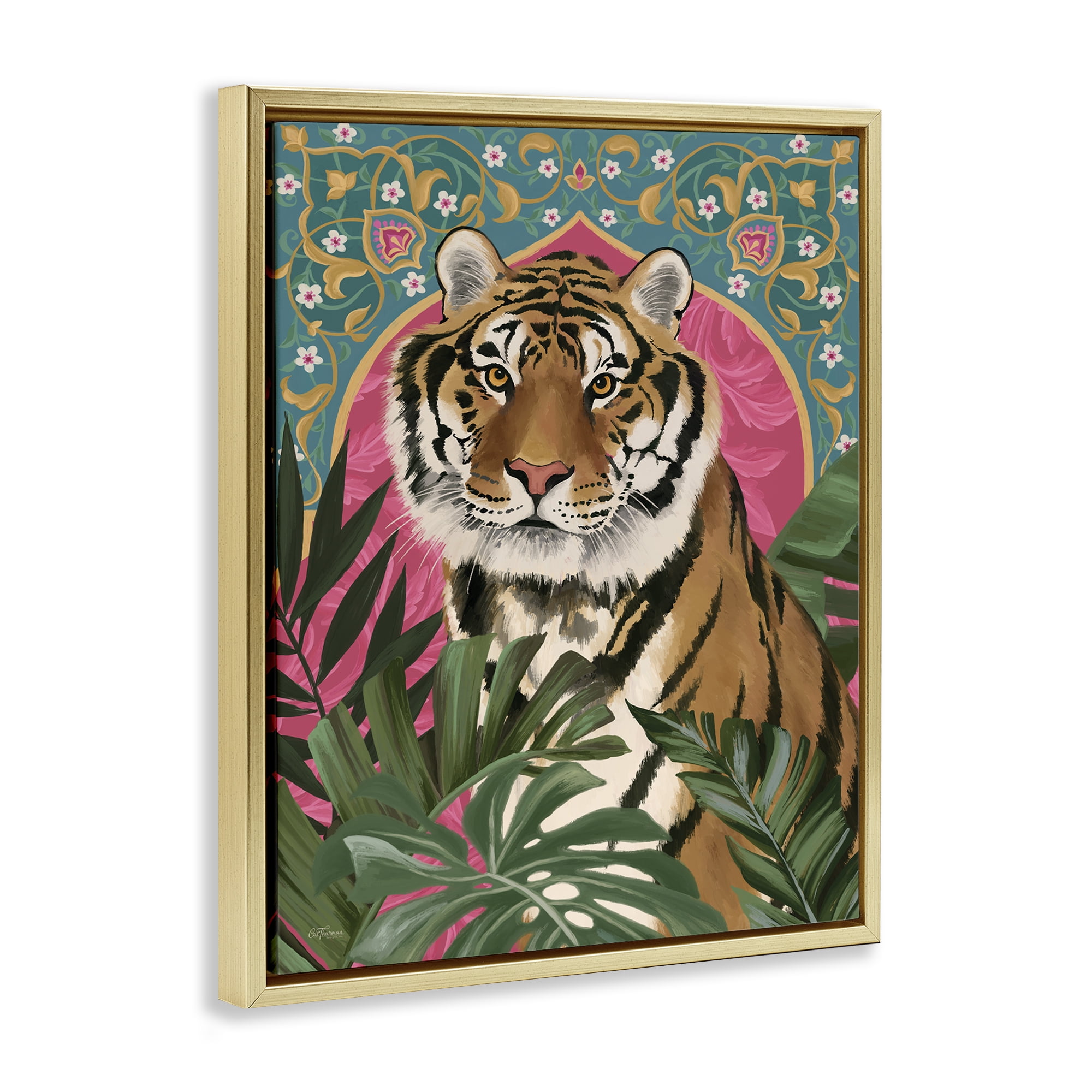Stupell Industries Arabesque Tiger & Plants Animals Painting Gold Floater Framed Canvas Art Print Wall Art, 25 x 31