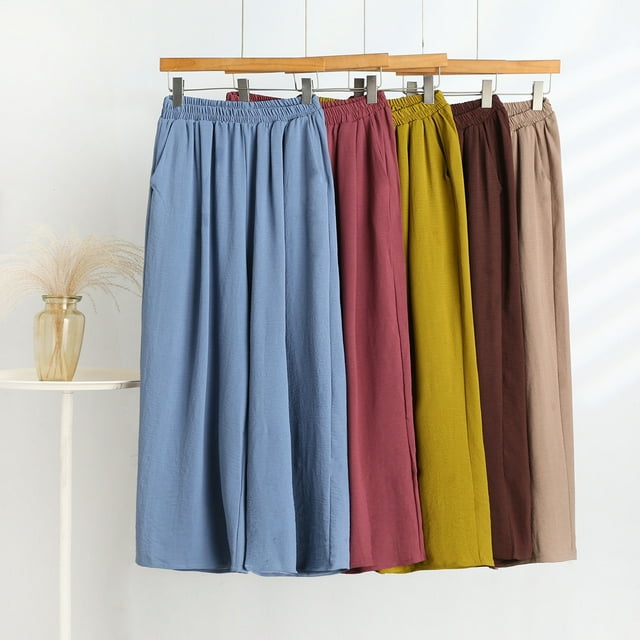 Sentmoon Linen Pants Women Solid Color High Waist Summer Outfits for Women Plus Size Loose Fit Wide Leg Flowy Pants for Women with Pocket for Travel and Vacation