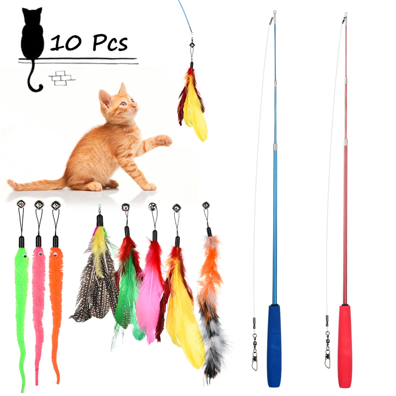 Kitten Bird and so on Interactive Cat Wand Toy 8Pcs Set Cat Toys Wand Cat Feather Toy with Wand Suitable for Cats