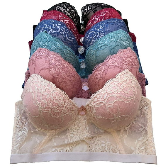 Iheyi 6 pcs Underwired Full Cup Eyelet Crochet Bustier Push Up Longline Bra (34A, Style # 68722)