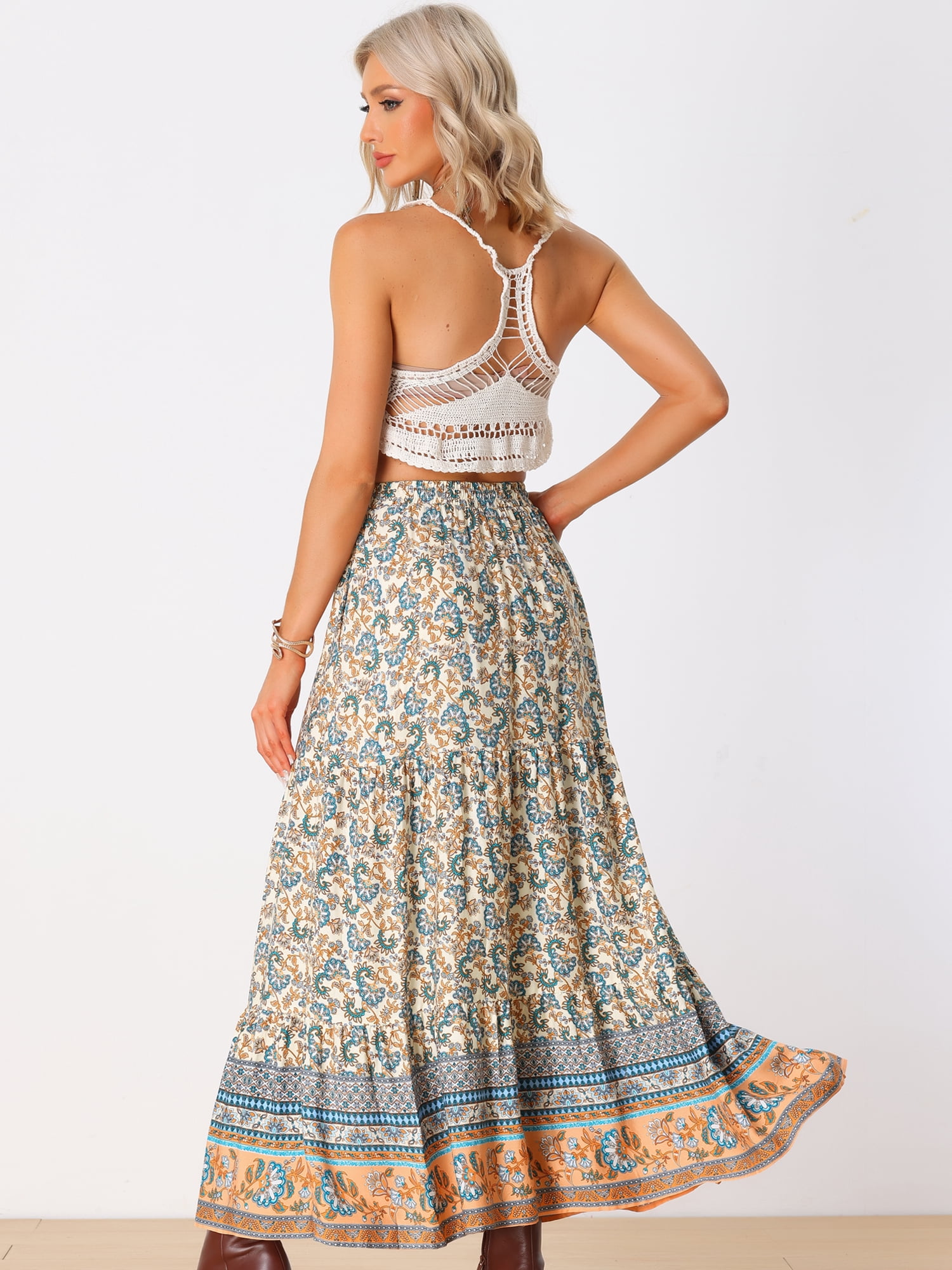 DARING DIVA Women's Boho Flare Floral Skirt XS Beige