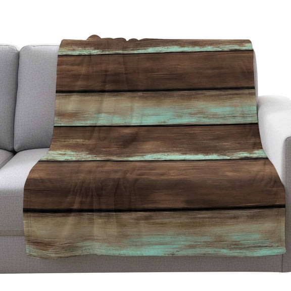 Teal Green Brown Wood Grain Fleece Throw Blanket Lightweight Vintage Board Farm Fuzzy Flannel Throws Super Soft Cozy Flannel Blanket for Couch, Sofa, Bed, Travel 40"x50"