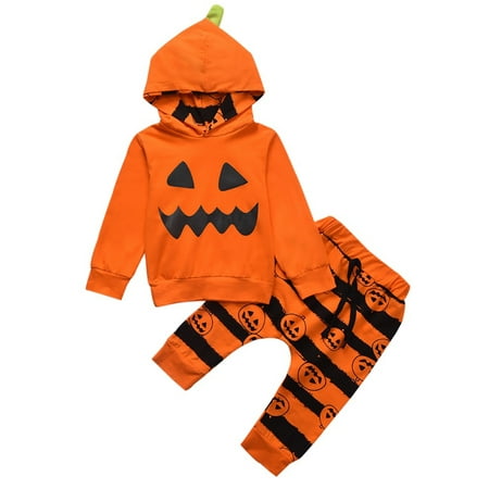 

0-3T Toddler Baby Boys Halloween Haunt O Lantern Pumpkin Hoodie + Stripe Pants Outfits Sets