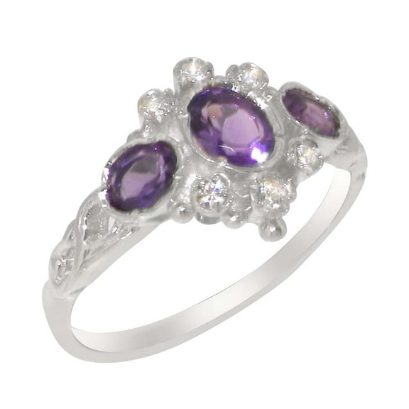 LBG English Made 14k White Gold Natural Amethyst & Diamond Womens Anniversary Ring - Size 10