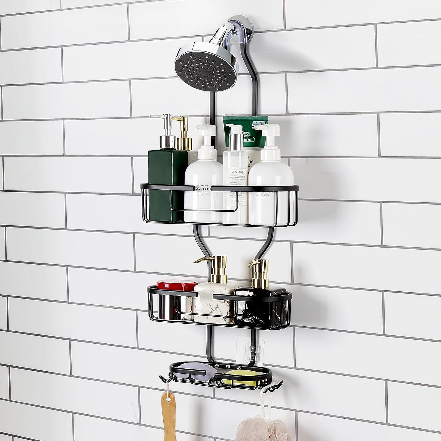 Over Shower Head Shower Caddy 3 Tier Hanging Organizer with Soap Holder and Hooks, Black