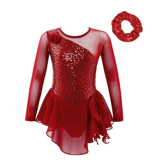 dPois Ice Skating Dress for Girls Mesh Splice Figure Skating Dress Sparkle Ballet Dance Leotard Red 4