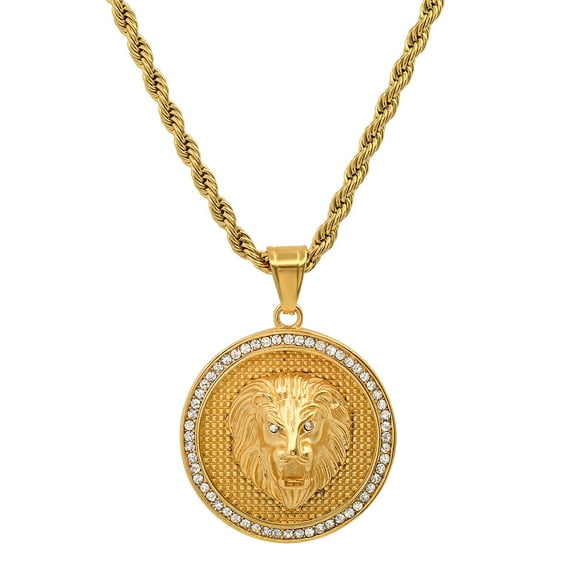Lion Head Men's 18K Gold Plated Pendant Diamond-Accented 24" Chain