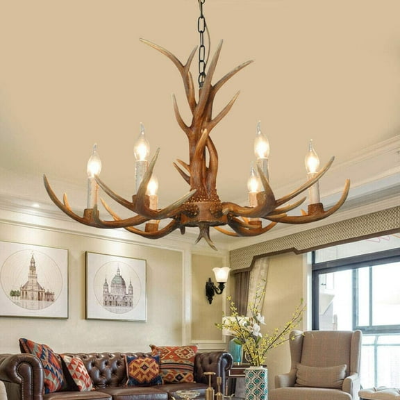 DENEST Antler Chandelier Resin Ceiling Light 6-Lights Retro Pendant Home Decorators Lighting