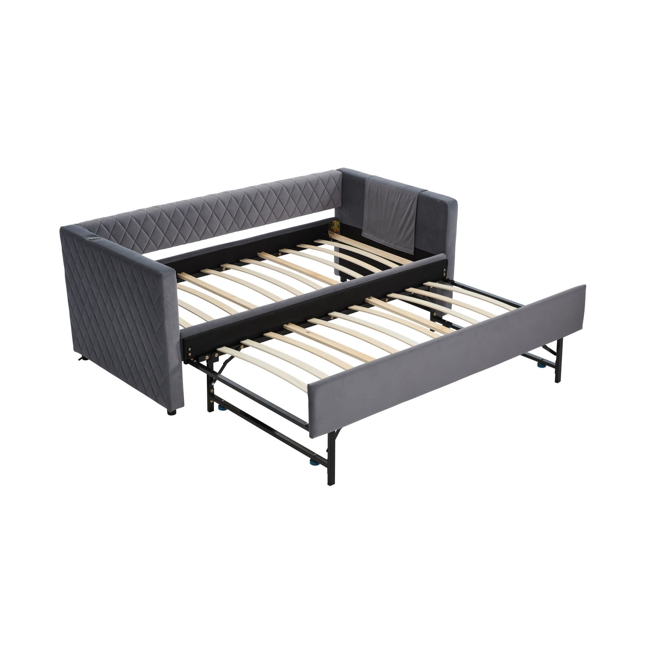 Noble House Velvet Daybed with Trundle, Wooden Frame and Diamond Grid Upholstery, Modern Living Room, Gray