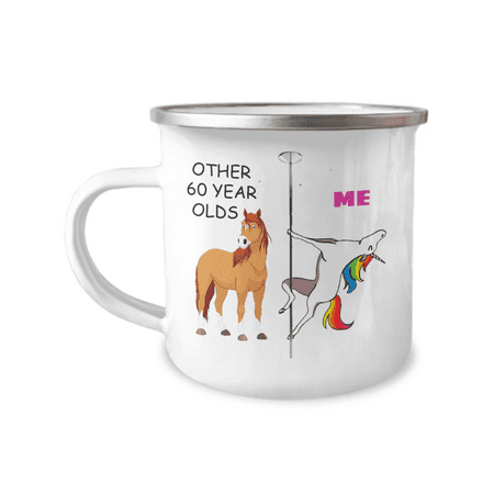 60th Birthday Unicorn Camper Coffee Mug - Other 60 Year Olds Me Unicorn Coffee Mug -12 Oz Stainless Steel Enamel Finish White Camper Coffee Mug