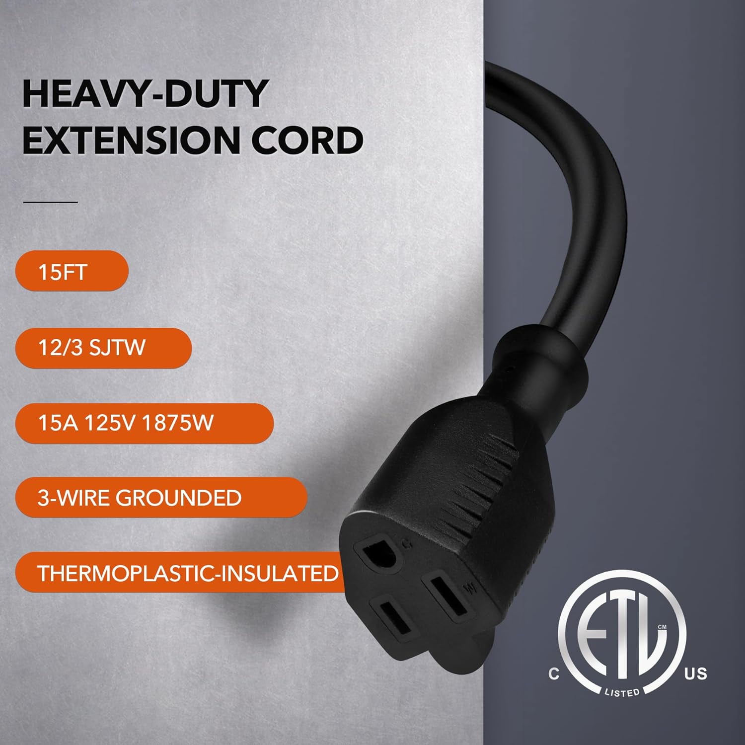 BN-LINK 15ft Outdoor Extension Cord, 15amps,12/3 SJTW Heavy Duty Power Cord, 3-Prong Grounded Plug, Weather Resistant, 1875W, Black, for Lawn, Garden, Appliances, ETL Listed