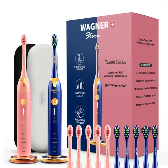 Wagner & Stern. Duette Series. 2 Electric toothbrushes with Pressure Sensor. 5 Brushing Modes and 4 Intensity Levels, 10 Dupont Bristles, 2 Premium Travel Cases. (Pink/Blue)