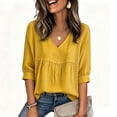 thumbnail image 5 of Long Sleeve Shirts for Women V Neck Peplum Blouse Side Lace Panel long Cuffed Sleeve Loose Casual Top Yellow L, 5 of 6