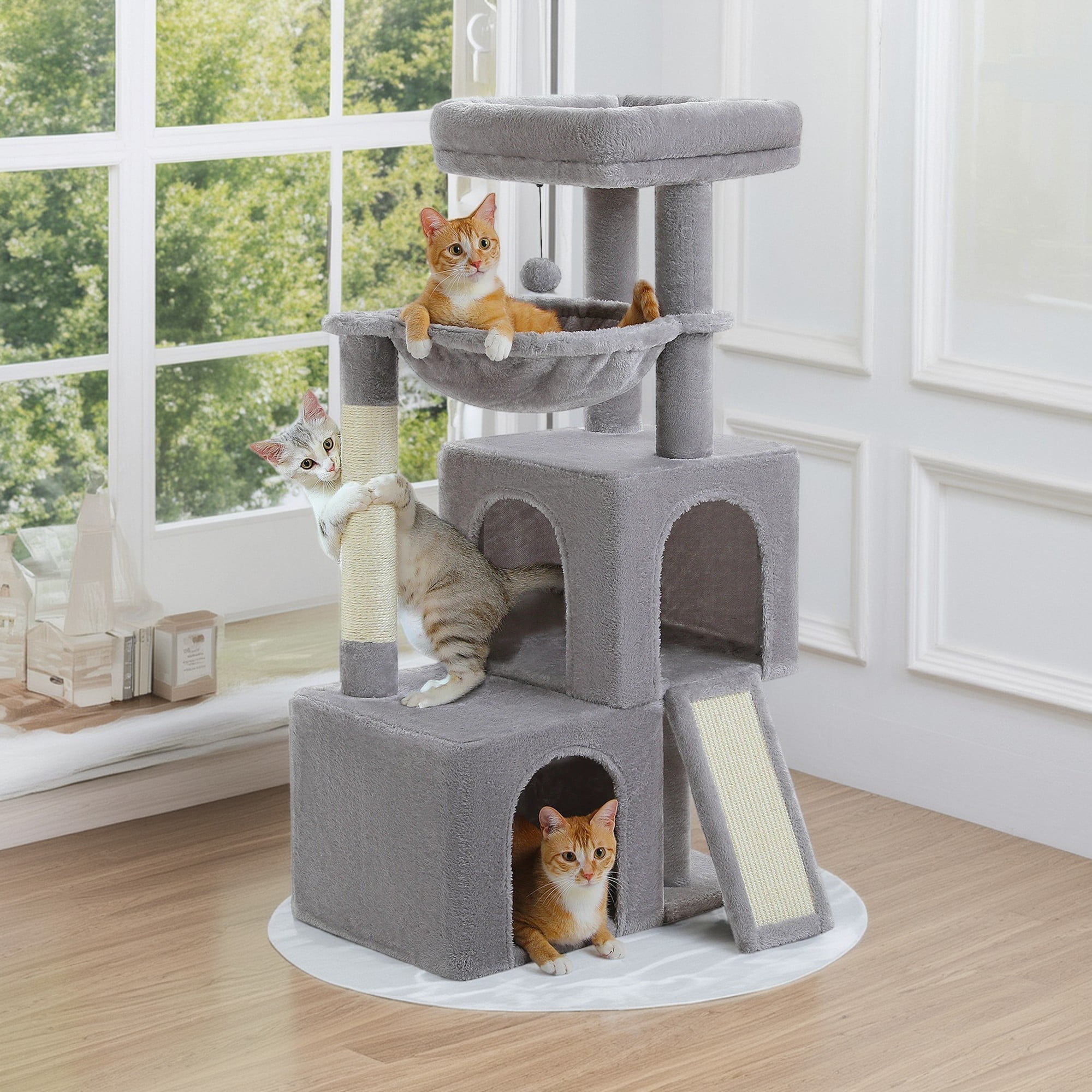 Pefilos 41" Multi-Level Cat Tree Tower with 2 Condos for Indoor Cats, Cat House with Hammock, Padded Perch, Scratching Pad, Gray